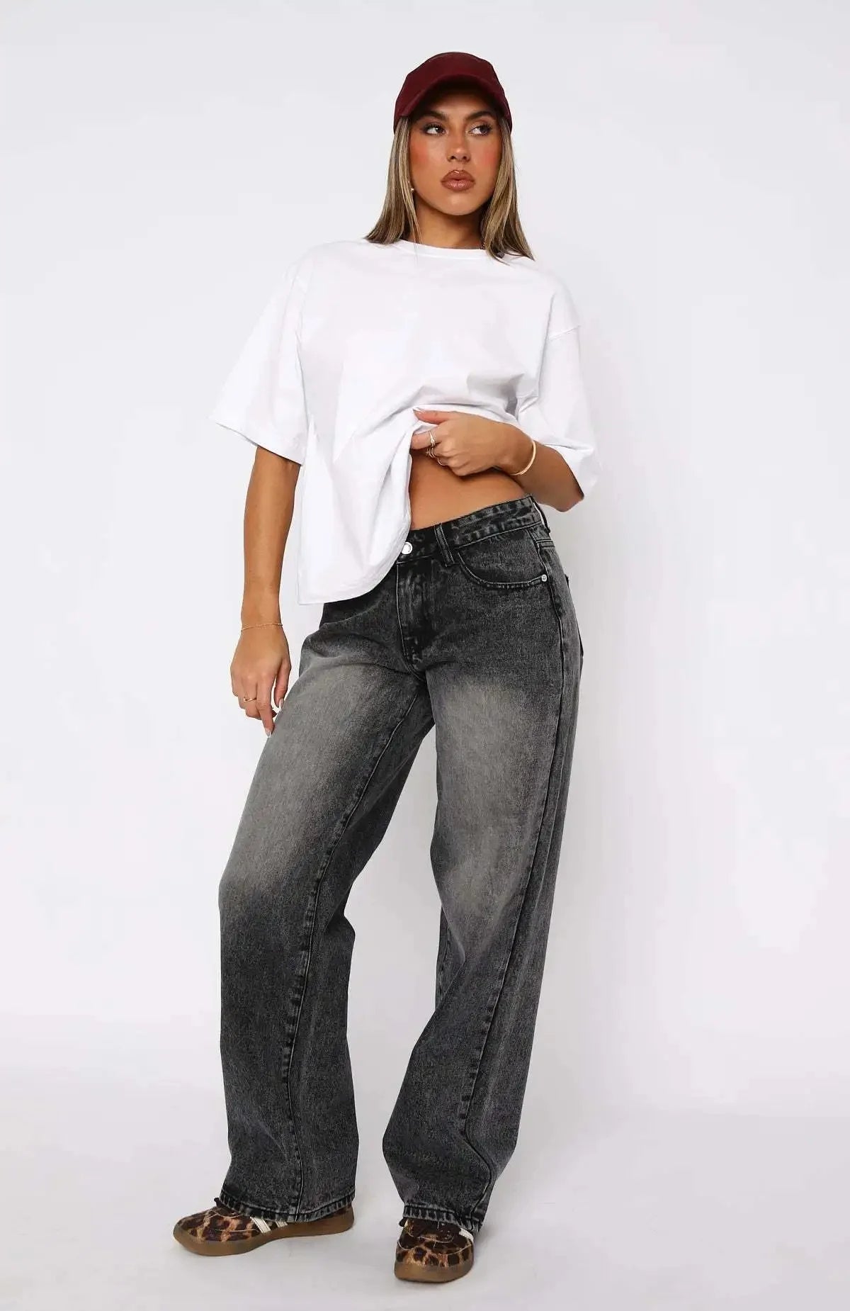 Jeans donna vita alta gamba larga stile retrò americano – pantaloni dritti casual chic
