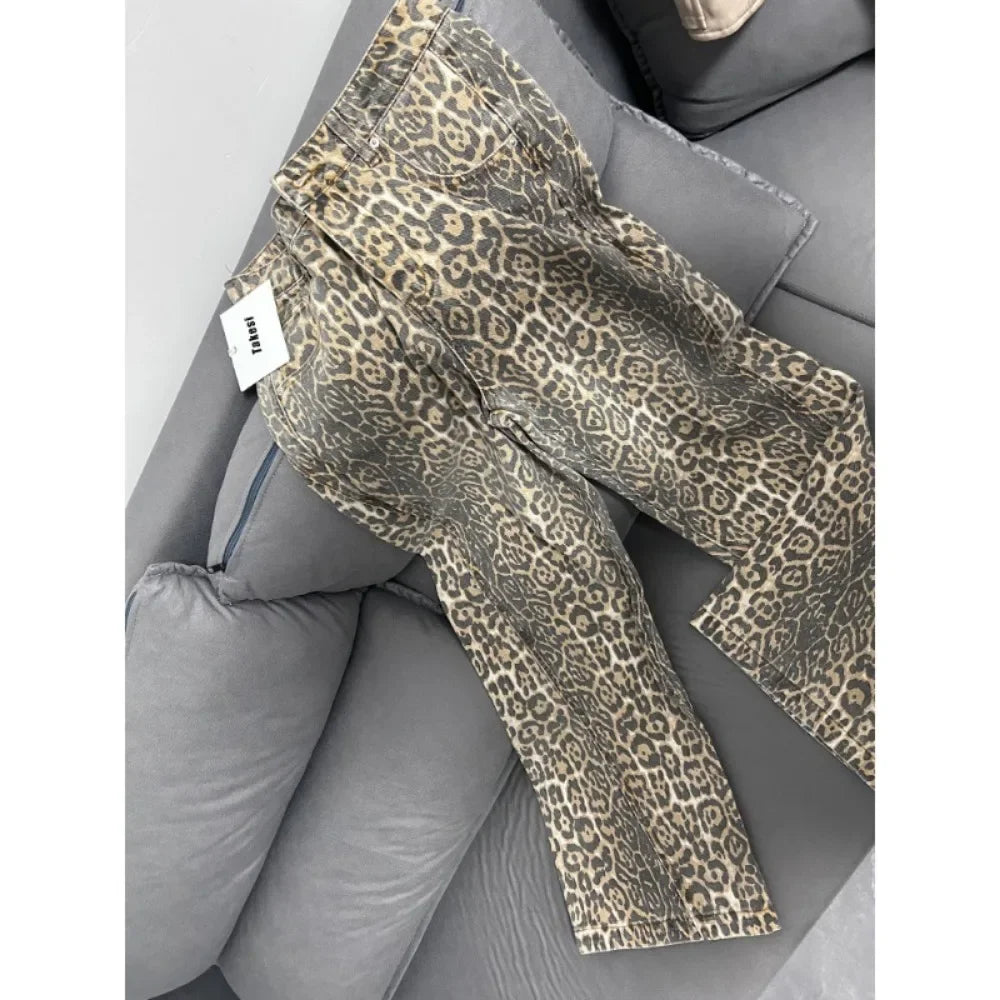 Jeans baggy vita alta leopardato donna – pantaloni oversize Y2K da strada con tasche casual