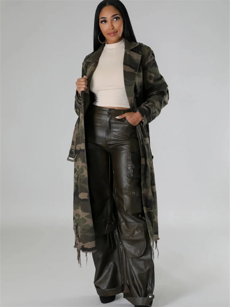 Trench camouflage oversize da donna | stile streetwear, lungo e ripped – taglie S-2XL