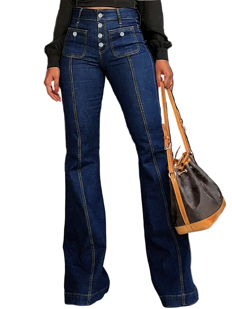Jeans Donna Vita Alta a Zampa Slim in Denim Blu Scuro – Modello Lungo con Bottoni Multipli e Vestibilità Snellente