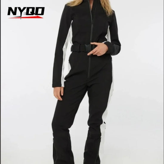 Tuta da sci donna manica lunga impermeabile e antivento – tuta intera patchwork elegante per snowboard e sci invernale