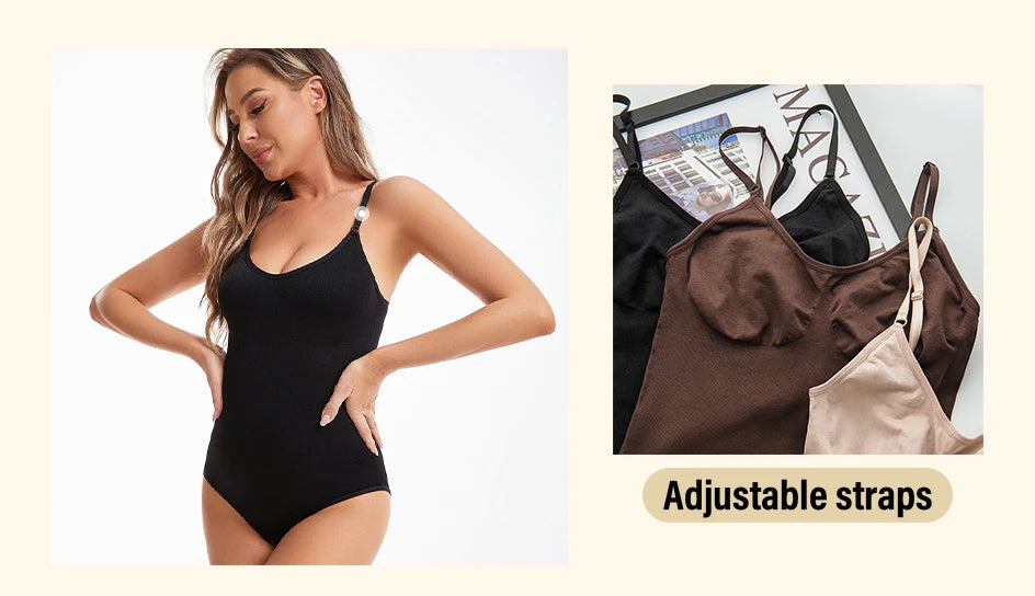 Body modellante a compressione senza cuciture per donna con spalline regolabili – nude, nero, marrone