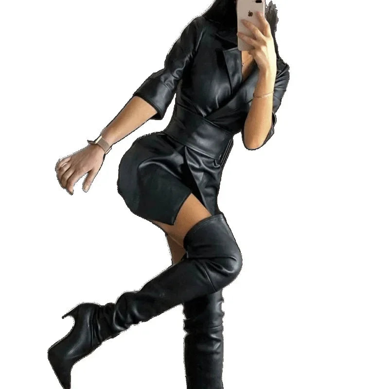 Cappotto in PU leather da donna 2025 – giacca long con cintura, stile elegante per autunno/inverno