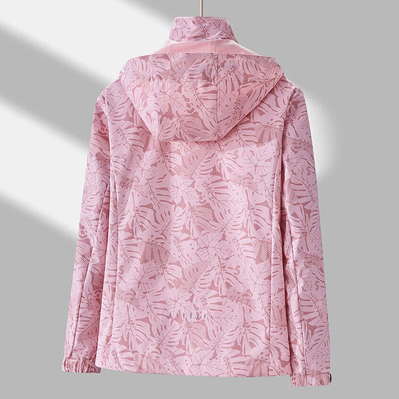 Giacca running donna con stampa foglia, cappuccio staccabile – antivento, waterproof e versatile per hiking