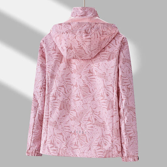 Giacca running donna con stampa foglia, cappuccio staccabile – antivento, waterproof e versatile per hiking