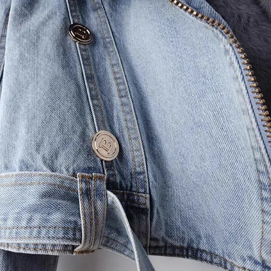 Giacca in denim con colletto in pelliccia di volpe sintetica per donna – Giacca corta imbottita con fodera in pelliccia di coniglio, per l'inverno