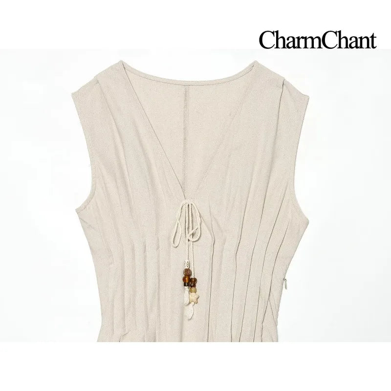 Abito Donna in Lino e Cotone – Vestito Beige Estivo con Scollo a V