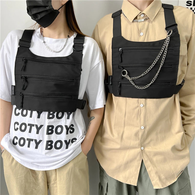 Borsa a petto unisex a 3 strati – pettorina nylon streetwear hip-hop versatile