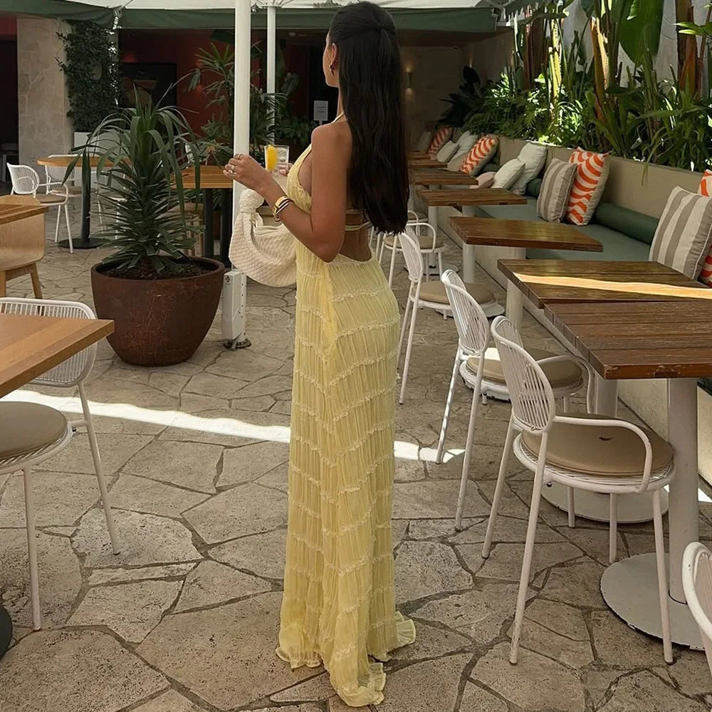 Abito Lungo Donna con Schiena Scoperta e Pieghe – Vestito Elegante Lotus Leaf 2026