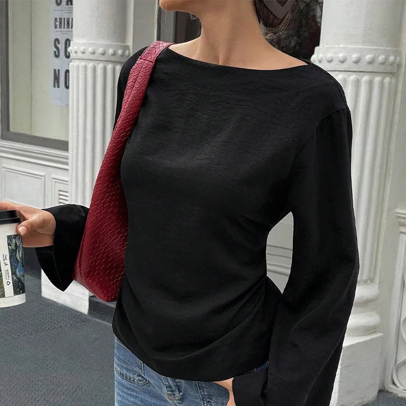 Maglia nera manica lunga con cappuccio da donna – stile elegante per pendolarismo, primavera/autunno, colore puro, poliestere, scollo rotondo