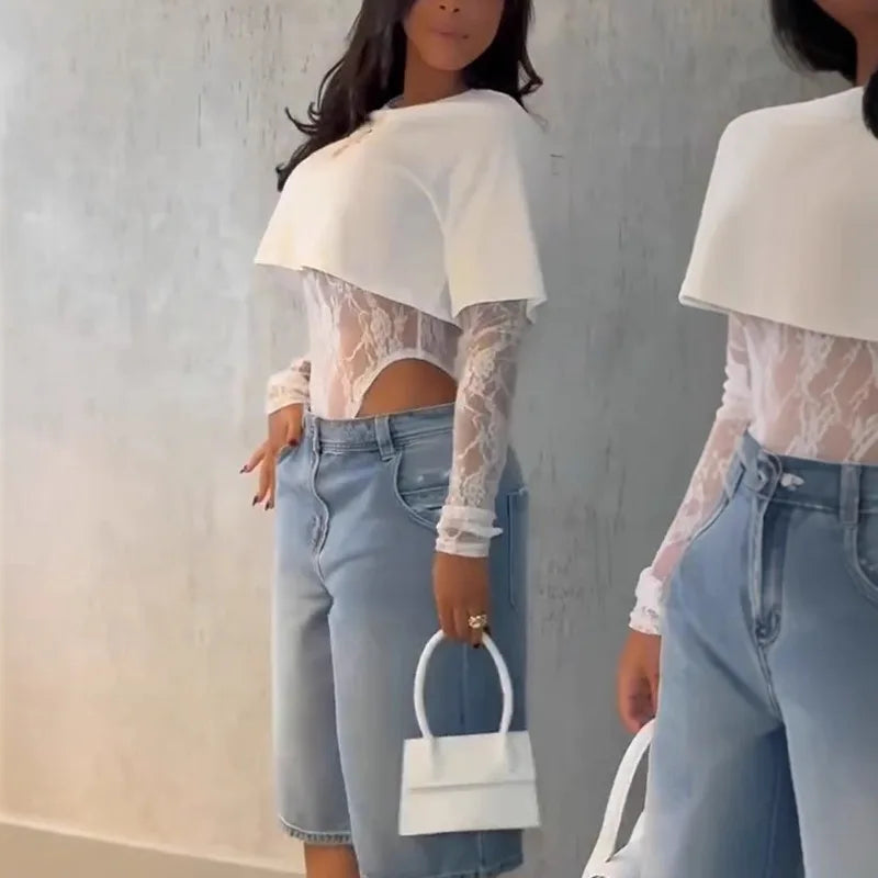 Body donna in pizzo a maniche lunghe, bianco o nero