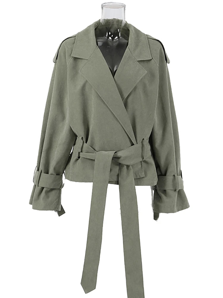 Trench coat corto con lacci per donna – Giacca a maniche lunghe, colletto a revers, abbottonatura singola, stile casual elegante per la primavera/autunno 2025