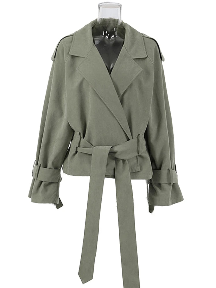 Trench coat corto con lacci per donna – Giacca a maniche lunghe, colletto a revers, abbottonatura singola, stile casual elegante per la primavera/autunno 2025