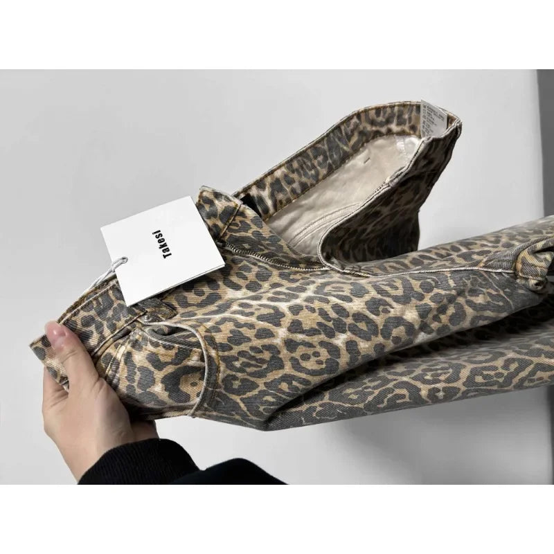 Jeans baggy vita alta leopardato donna – pantaloni oversize Y2K da strada con tasche casual 2025