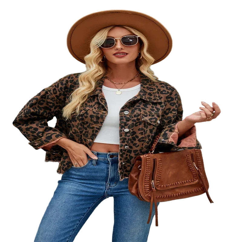 Giacca in denim donna leopard print – blazer oversize a maniche lunghe con collo a rever stile coreano primavera-autunno