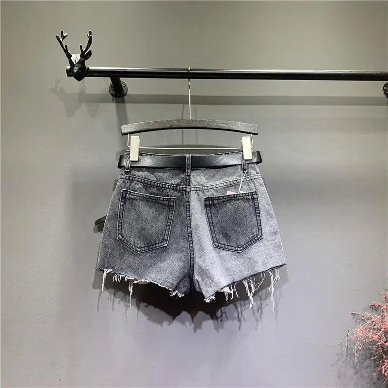 Denim shorts donna estate 2025 bicolore – vita alta, gamba larga, grafica e strappi – look urbano e trendy