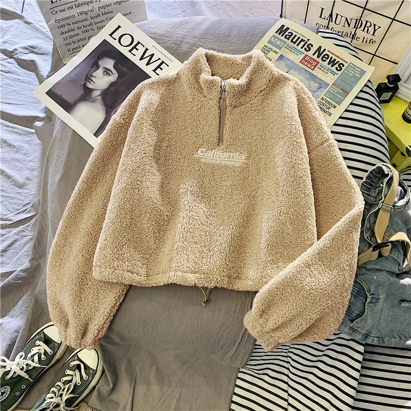 Felpa donna in pile con collo alto, zip e coulisse