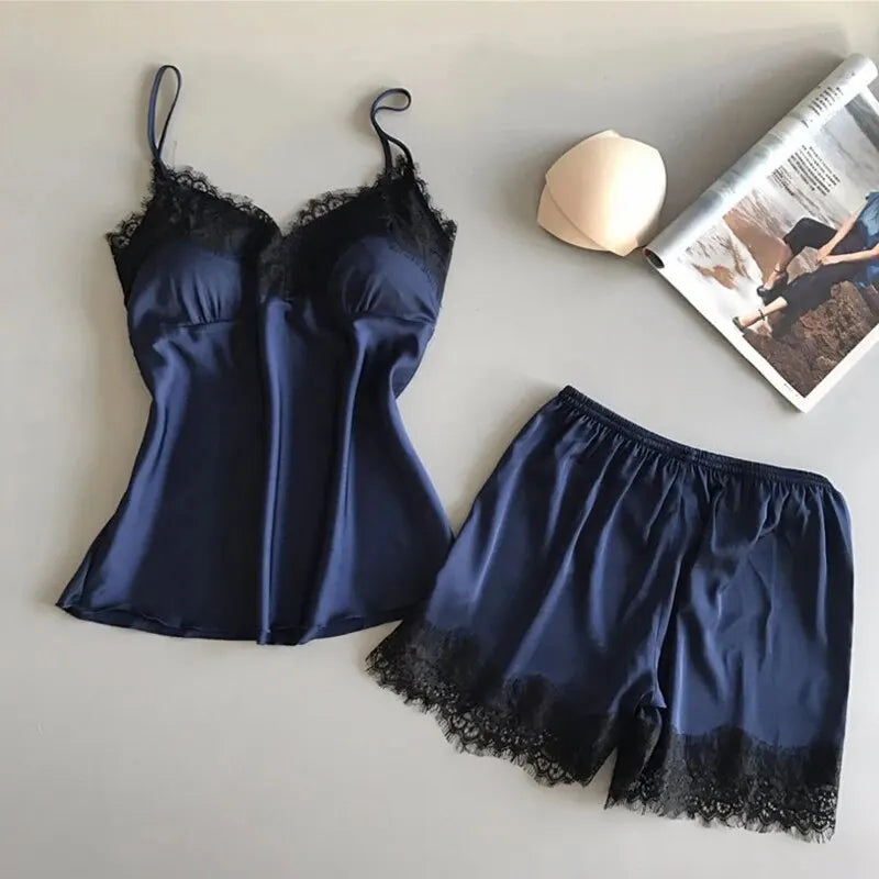 Pigiama donna sexy con pizzo | Completo due pezzi estivo in raso con pantaloncini | Pigiama elegante V-neck pizzo per dormire e sedurre