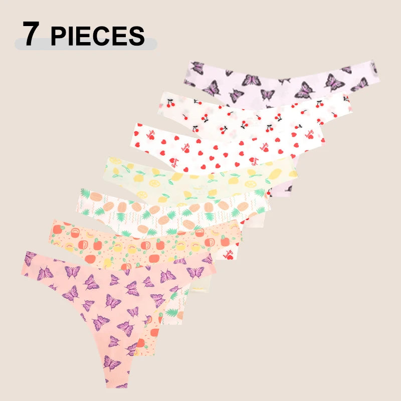 Set 7 pezzi perizomi donna in ice silk ultra sottile – G-string vita bassa con stampa farfalla/leopardato/frutta, lingerie comfort e sexy
