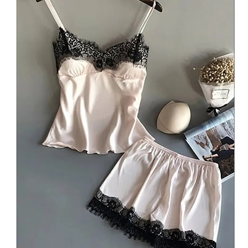 Pigiama donna sexy con pizzo | Completo due pezzi estivo in raso con pantaloncini | Pigiama elegante V-neck pizzo per dormire e sedurre