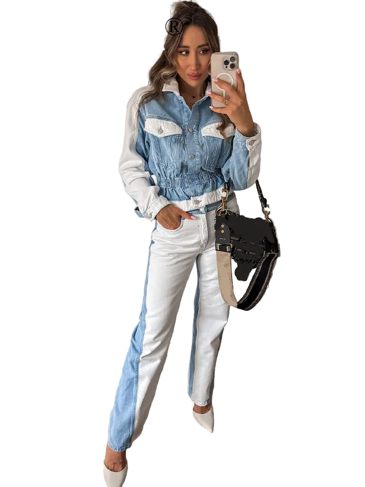 Set patchwork denim donna 2025 ‒ completo giacca monopetto + pantaloni wide-leg, look autunnale fashion con tasche