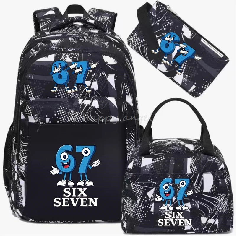 67 Six Seven Print 3Pcs/set Camouflage Backpack With Lunch Bag Steal A BrainRot Boy Student Teens Rucksack Girl Casual SchoolBag