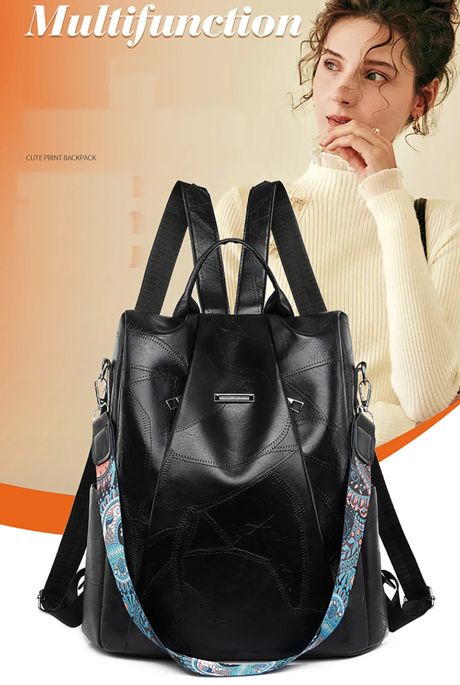 Zaino donna in pelle sintetica PU grande capacità – backpack anti-furto retrò per scuola, viaggio e uso quotidiano