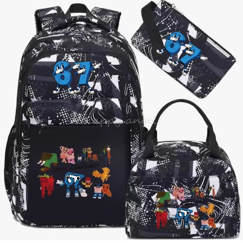 67 Six Seven Print 3Pcs/set Camouflage Backpack With Lunch Bag Steal A BrainRot Boy Student Teens Rucksack Girl Casual SchoolBag