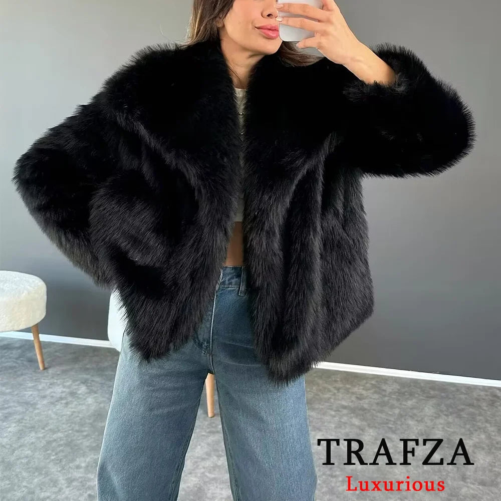 Giacca in pelliccia sintetica marrone con scollo a V per donna – Giacca lunga a maniche lunghe, stile casual elegante per l'autunno/inverno
