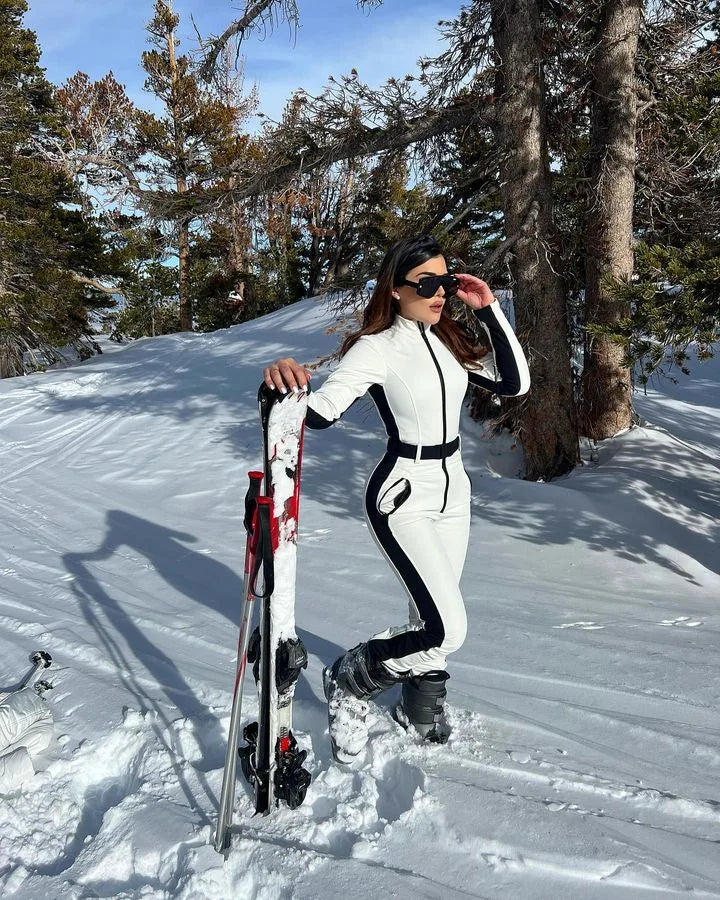 Tuta da sci donna manica lunga impermeabile e antivento – tuta intera patchwork elegante per snowboard e sci invernale