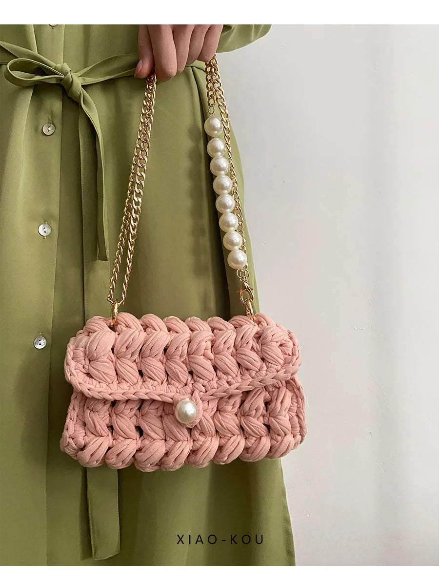 Borsa Donna Crochet a Spalla Uncinetto con Perle e Catena – Design Crossbody