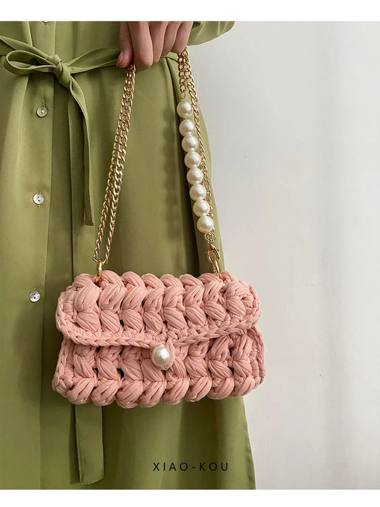 Borsa Donna Crochet a Spalla Uncinetto con Perle e Catena – Design Crossbody
