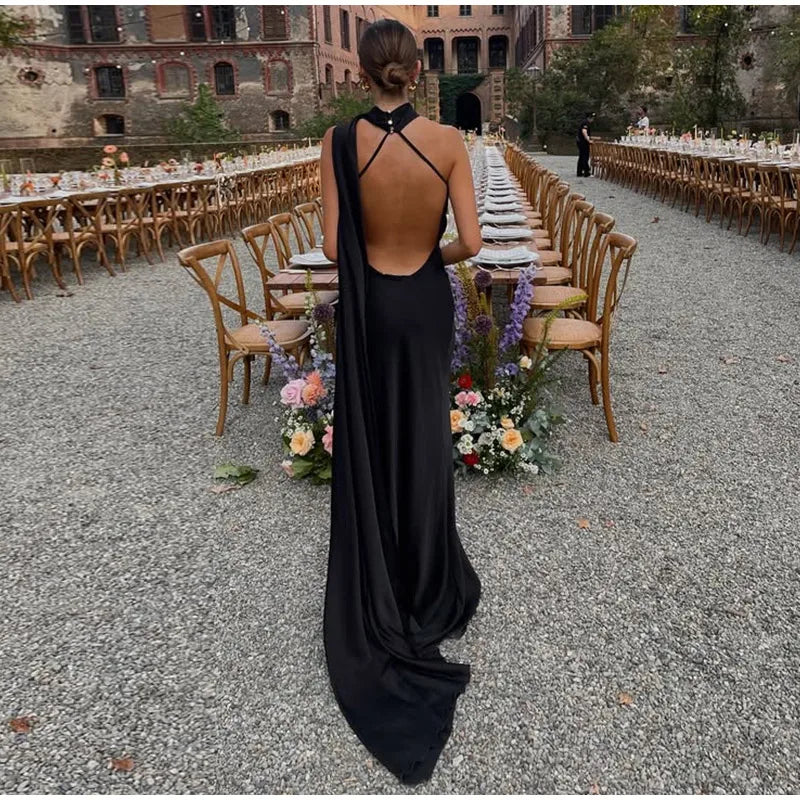 Abito da sera in raso con fiocco per donna – abito elegante schiena scoperta