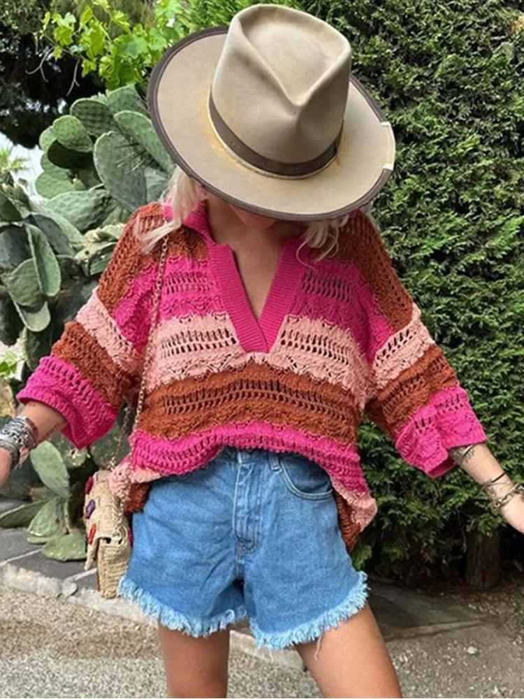 Co-ord estivo donna 2025 — Set maglia jacquard a righe con cardigan e shorts