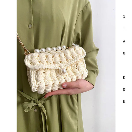 Borsa Donna Crochet a Spalla Uncinetto con Perle e Catena – Design Crossbody