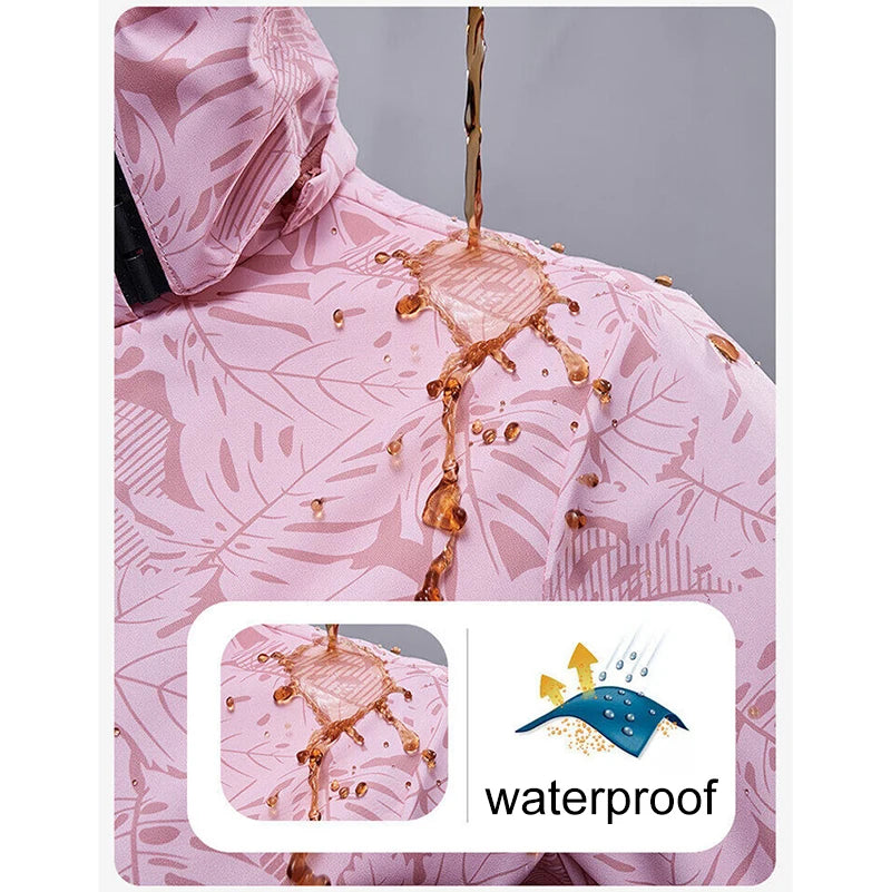 Giacca running donna con stampa foglia, cappuccio staccabile – antivento, waterproof e versatile per hiking