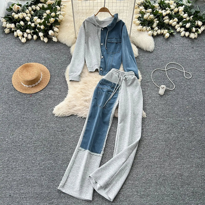 Set denim donna 2025 – completo felpa con cappuccio + pantaloni larghi elasticizzati, co-ord casual trendy