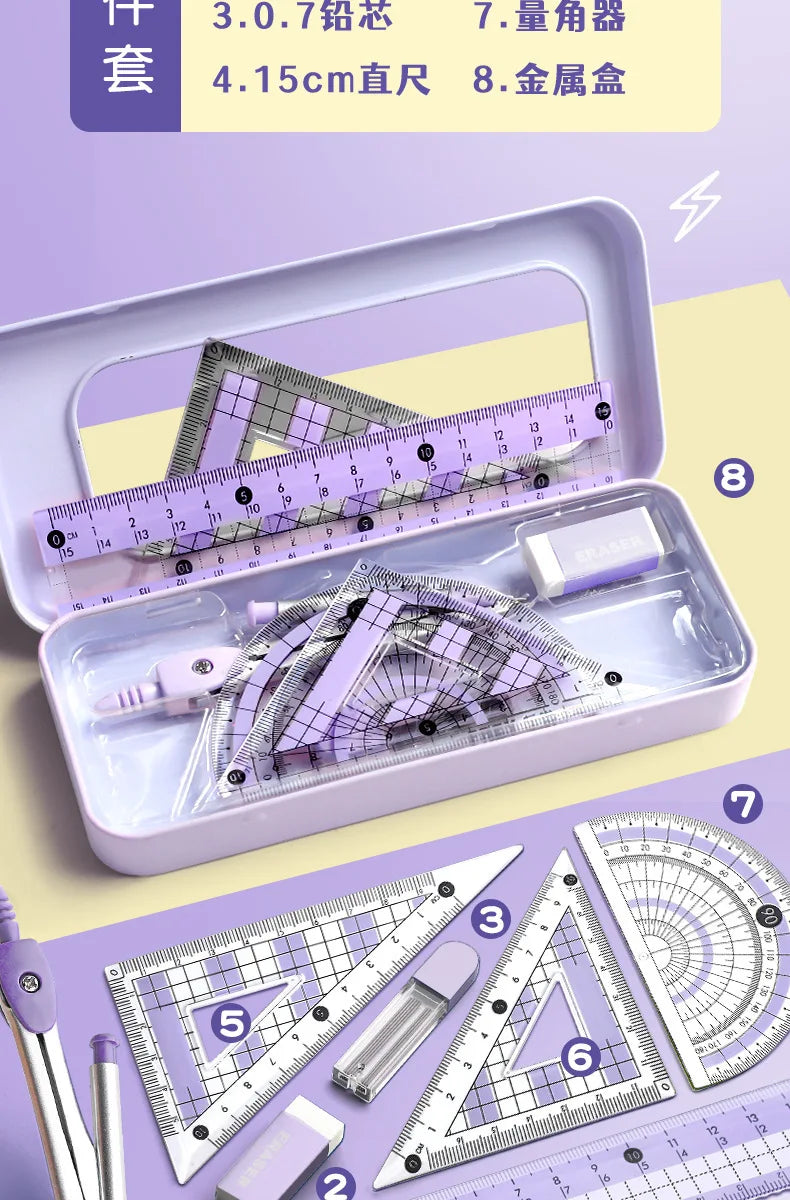 Ruler 8-piece Set Student-specific Compass Measuring Angle Ruler Triangle Ruler Ruler Full Set of Ruler Stationery Gift Package