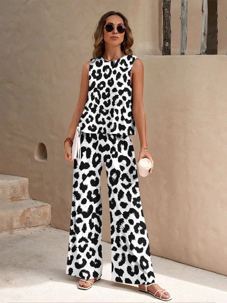 Set 2-pezzi donna stampa leopardo canotta e pantaloni — completo casual estate/inverno, stile urban street