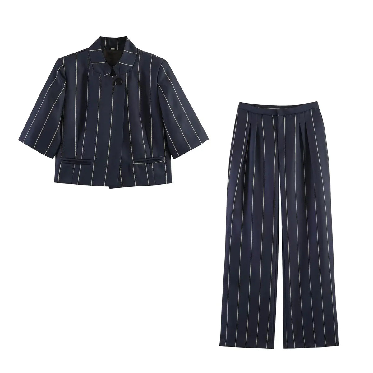 Completo donna a righe con giacca corta e pantaloni dritti