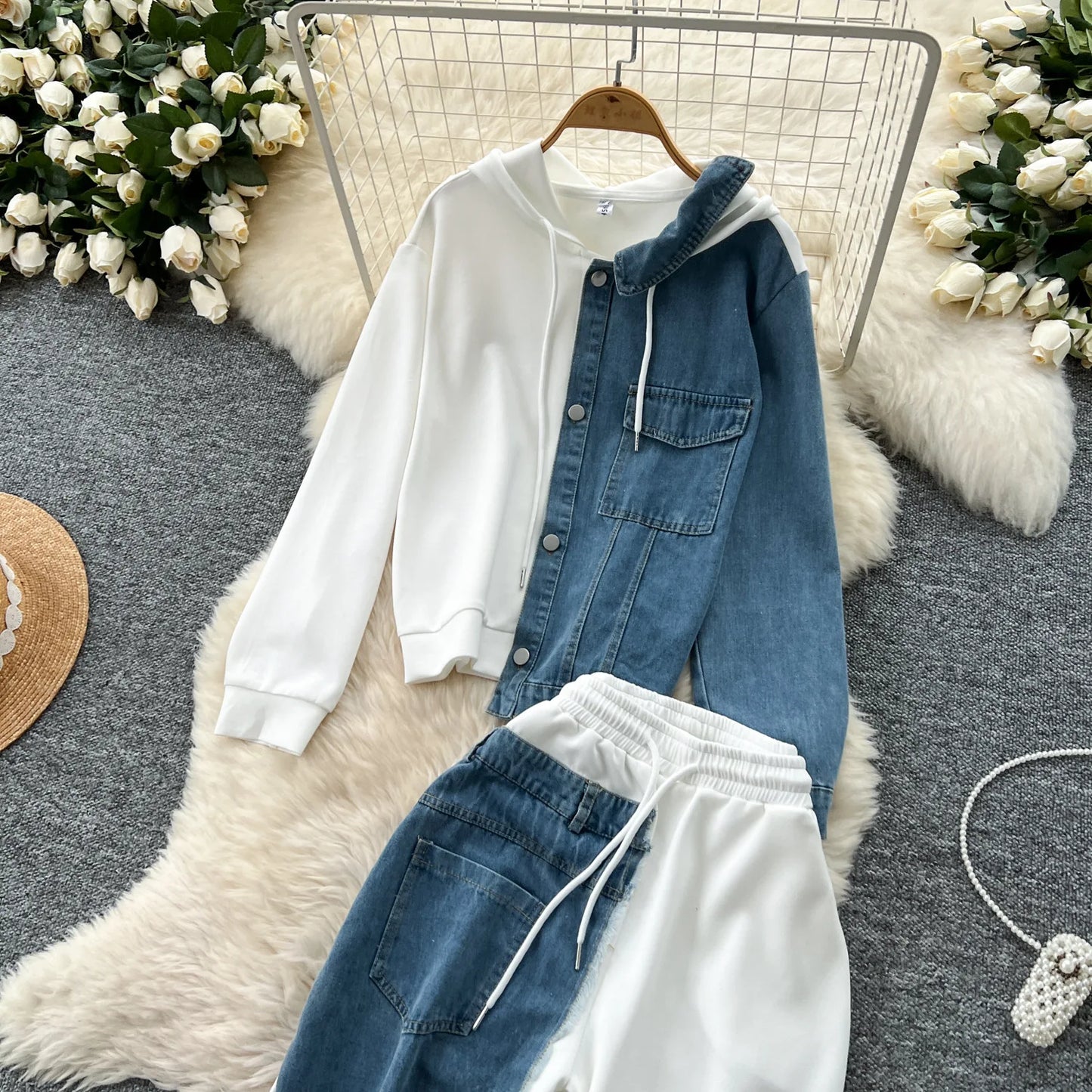 Set denim donna 2025 – completo felpa con cappuccio + pantaloni larghi elasticizzati, co-ord casual trendy