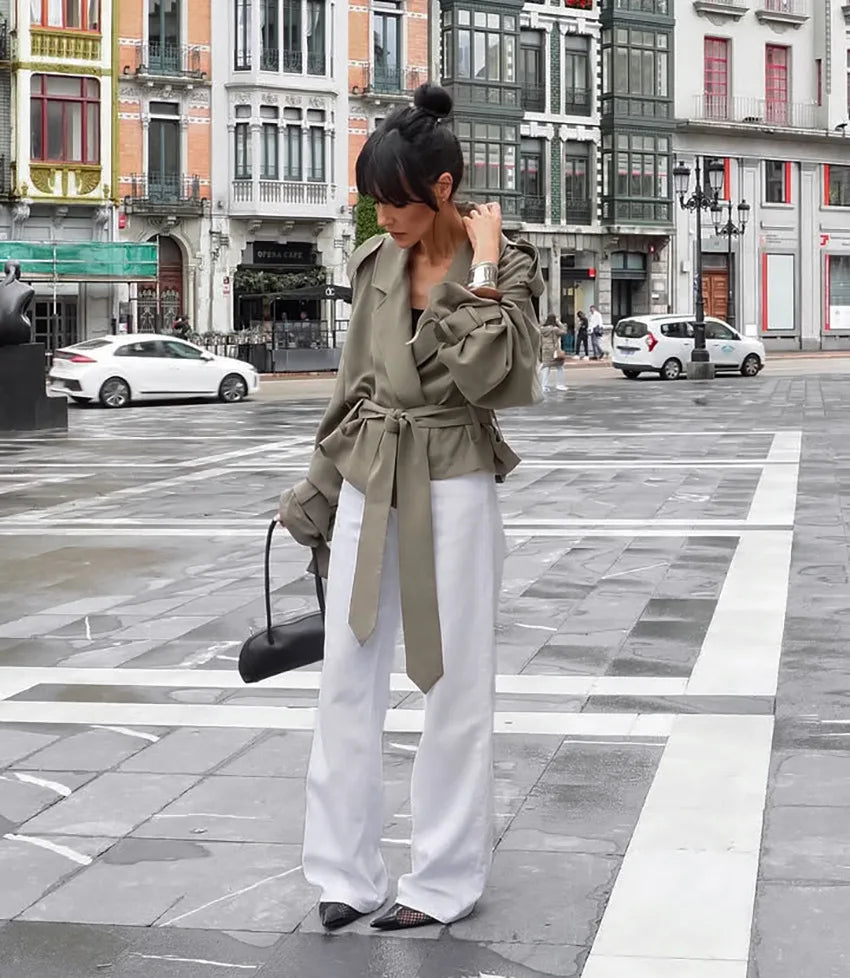 Trench coat corto con lacci per donna – Giacca a maniche lunghe, colletto a revers, abbottonatura singola, stile casual elegante per la primavera/autunno 2025