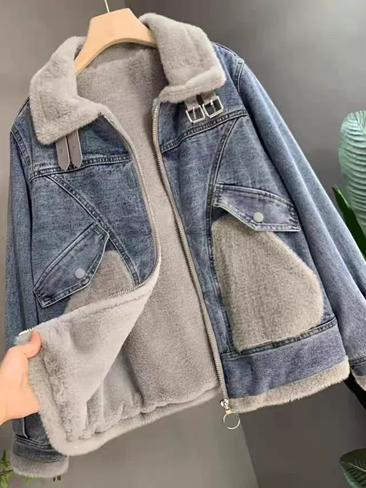 Giacca denim imbottita con pile fissato 2025 – giubbotto baggy da donna con colletto alto e interno caldo