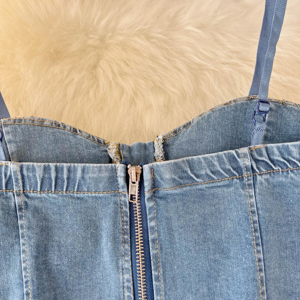 Top Denim Corsetto con Reggiseno Integrato – Crop Top Donna