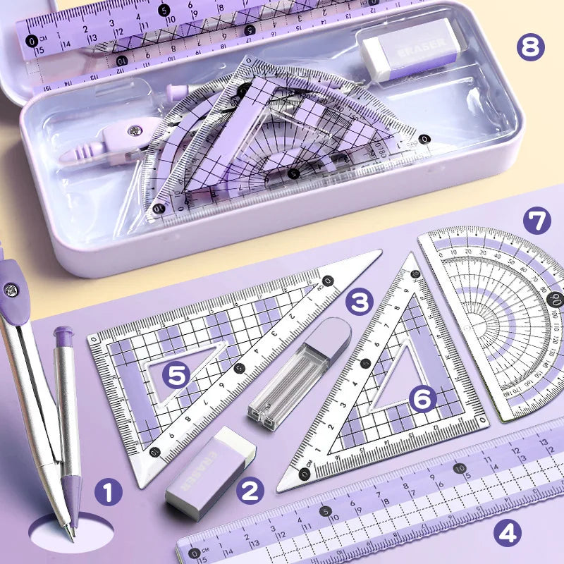 Ruler 8-piece Set Student-specific Compass Measuring Angle Ruler Triangle Ruler Ruler Full Set of Ruler Stationery Gift Package