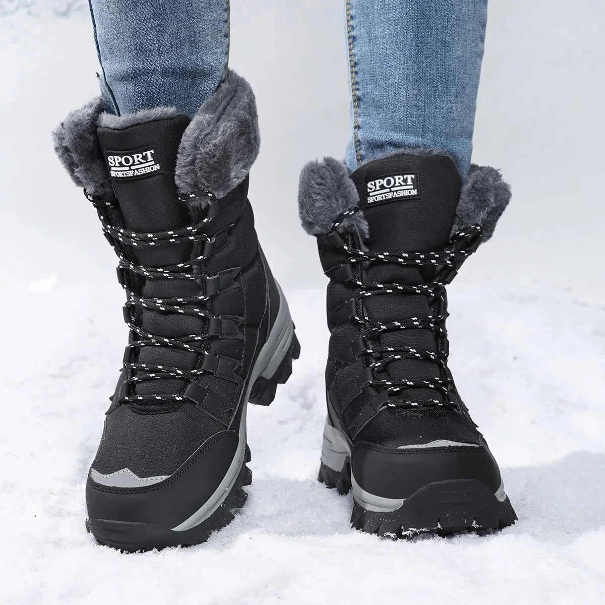 Stivali donna invernali impermeabili con fodera in pile – boots outdoor lace-up hi-top per neve