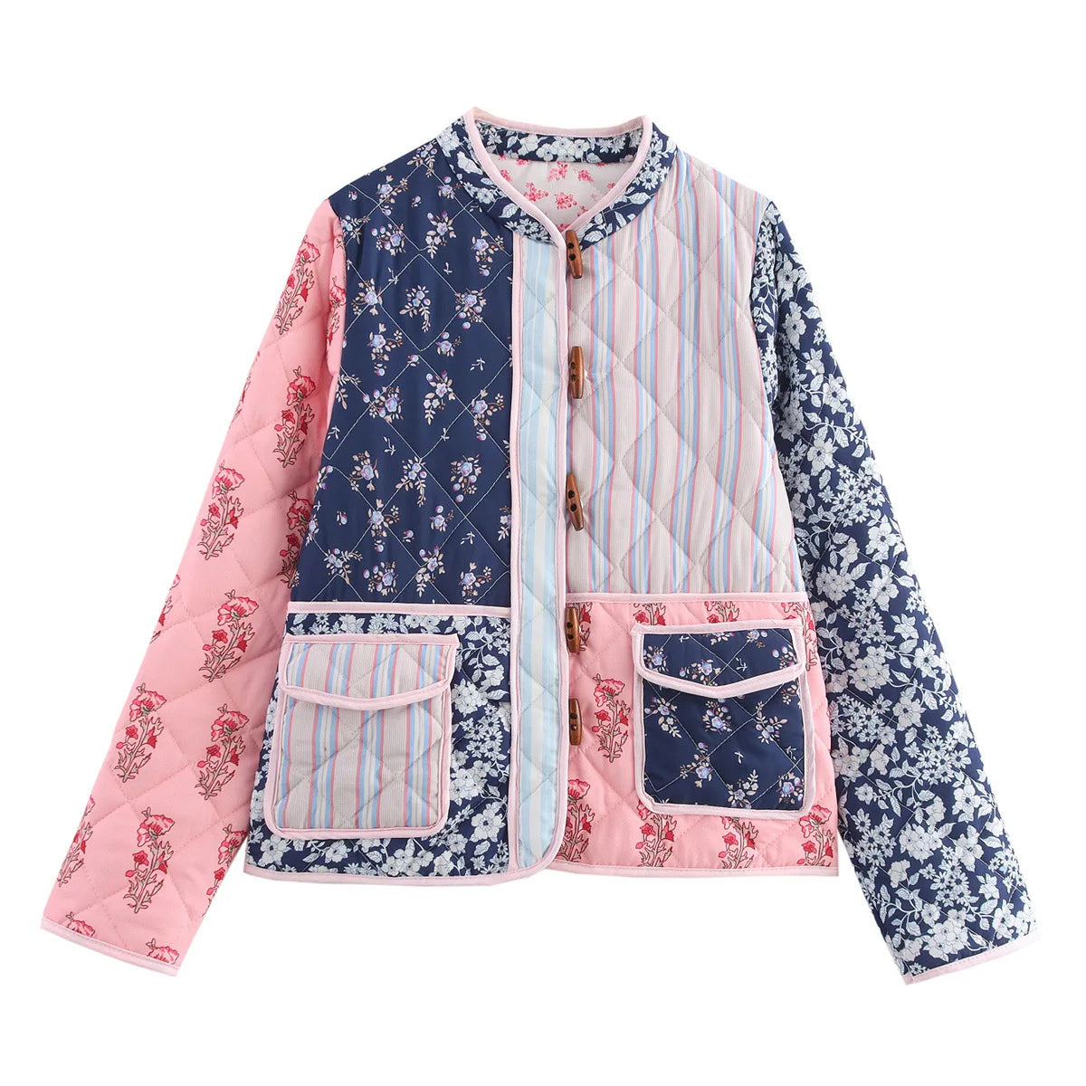 Giacca imbottita donna vintage patchwork floreale – Cappotto cotone con imbottitura, stile casual e warm streetwear