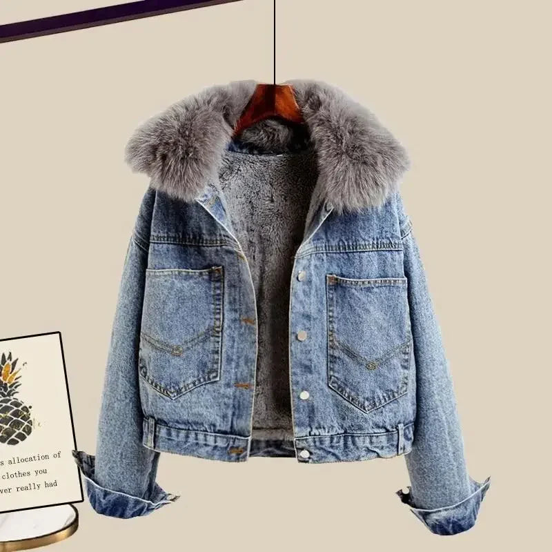 Giacca denim foderata in pile da donna – giacca imbottita spessa per autunno / inverno 2025 stile street