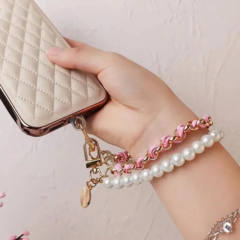 Portachiavi elegante doppio strato con perle + catena in pelle - accessorio fashion bag charm 2025
