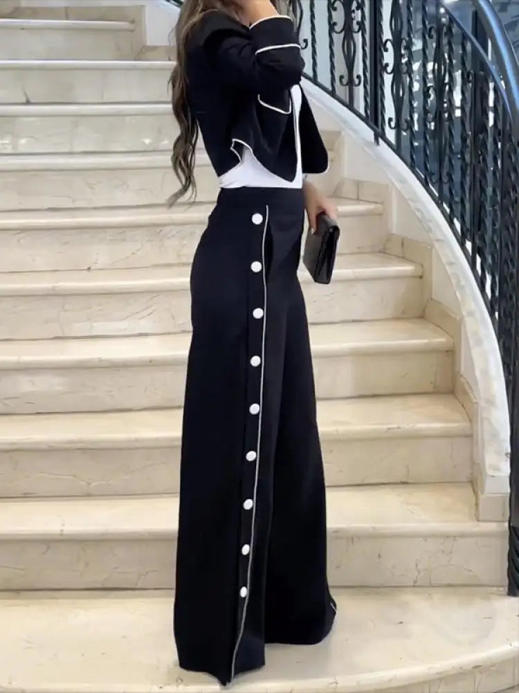 Completo Donna Elegante Blazer Cropped e Pantalone Palazzo